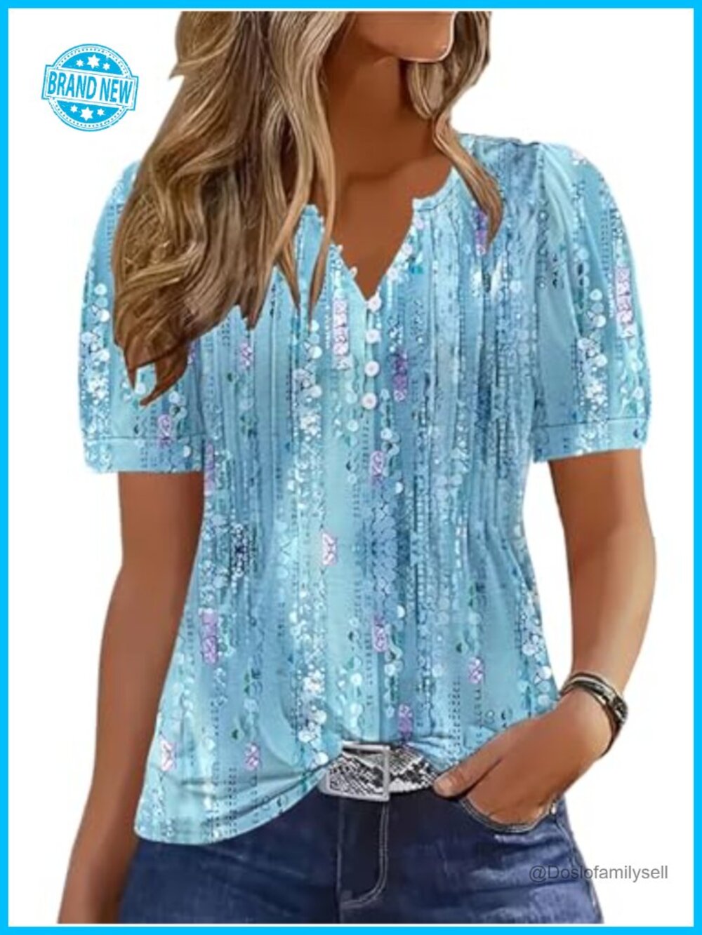 Womens Lace Sleeve Pleated Button Down Blouse V Neck Summer Top